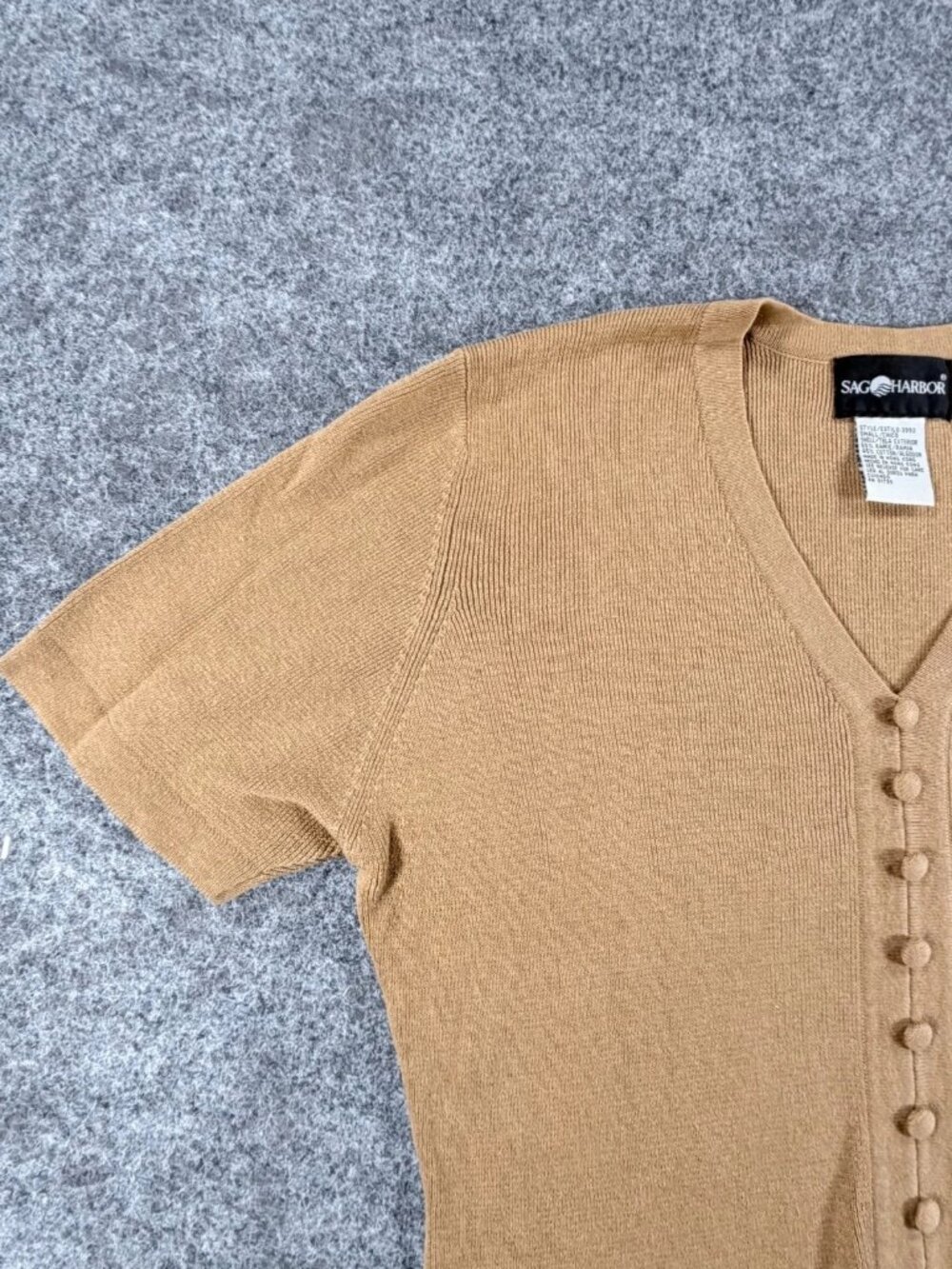 Vintage Sag Harbor Sweater Womens S Brown Tan V-Neck Short Sleeve Button Detail - Picture 7 of 16